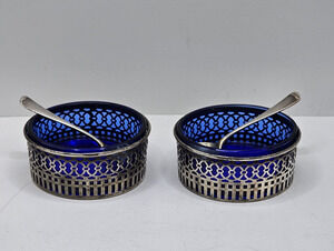 2 Antique Reticulated Sterling Silver Salt Cellars w Cobalt Inserts Spoons